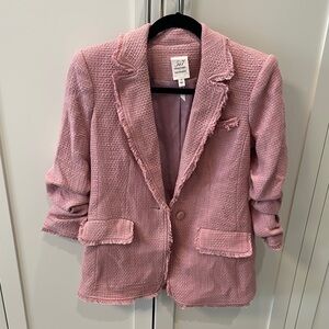 cinq a sept Pink Bouclé Frayed-Trim Blazer